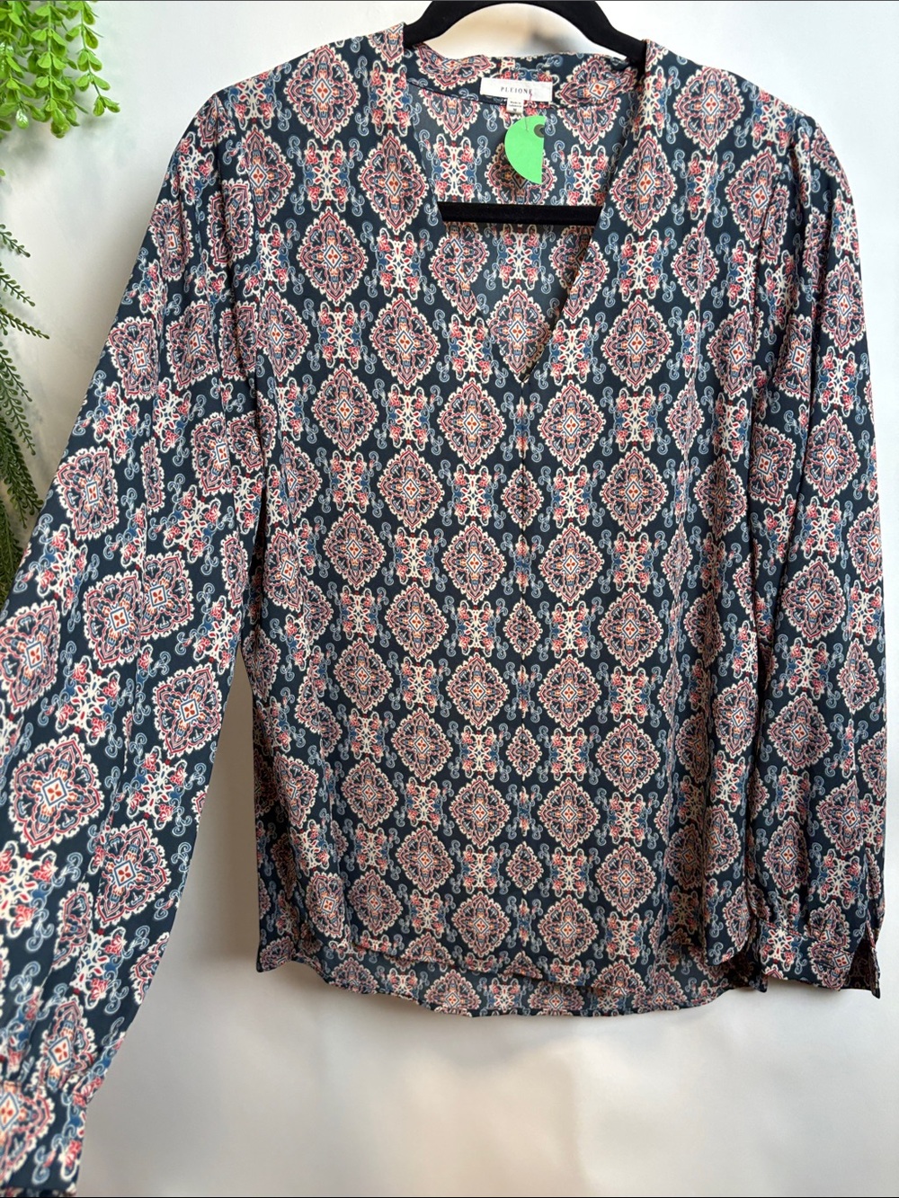 Pleione Navy and Pink Medallion V-Neck Blouse